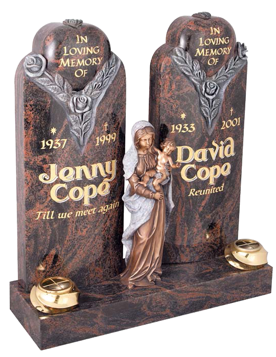 Twin headstones with the Virgin Mary and baby Jesus